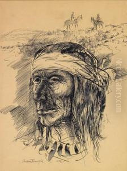 Portrait Of A Native American. Oil Painting by Frederick Remmington