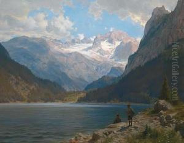 The Lake At Gosau With View Of The Dachstein Mountains Oil Painting by Ferdinand Remp