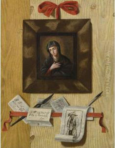 A Trompe L'oeil Wall Arrangement With Madonna And Letters Oil Painting by Andrea Domenico Remps