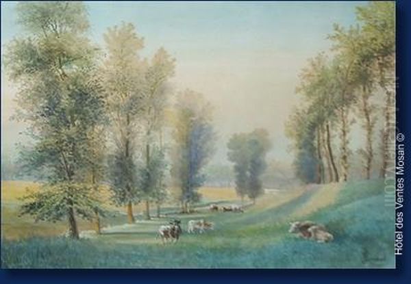 Paysage Anime Aux Vaches Oil Painting by Camille Renard