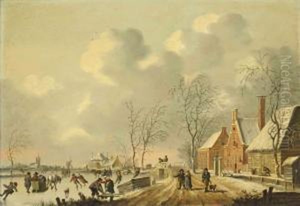 A Frozen Winter Landscape With Skaters Oil Painting by Fredericus Theodorus Renard