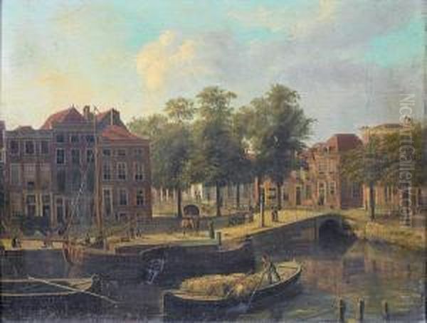 A Dutch Townscape With Barges On A Canal Oil Painting by Fredericus Theodorus Renard