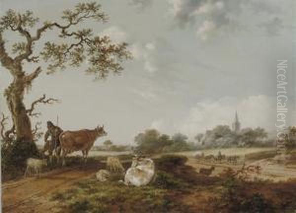 A Dune Landscape With A Peasant Guarding His Cattle And Sheep Oil Painting by Fredericus Theodorus Renard