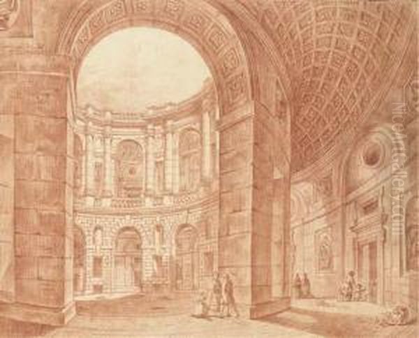 La Cour Du Palais Farnese A Caprarola Oil Painting by Jean Augustin Renard