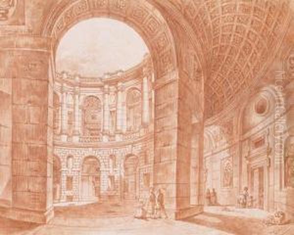 Cour Du Palais Farnese A Caprarola Oil Painting by Jean Augustin Renard