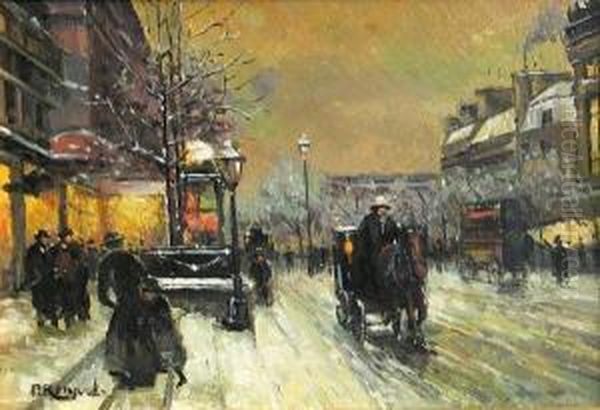 A Parisian Street Scene In Winter Oil Painting by Paul Renard