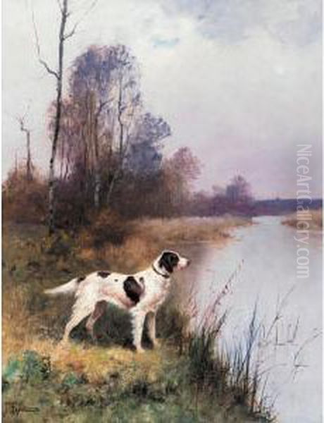 A Setter In An Extensive Landscape Oil Painting by Renaud