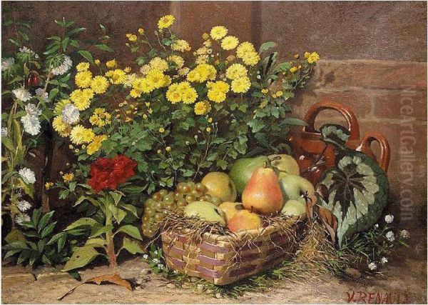 Still Life With Flowers And Fruit Oil Painting by Victor Jacques Renault Des Graviers