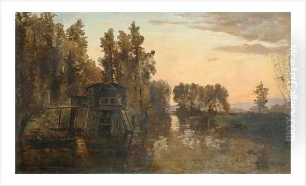 Cabane Sur L'etang Au Crepuscule Oil Painting by Edmond Renault