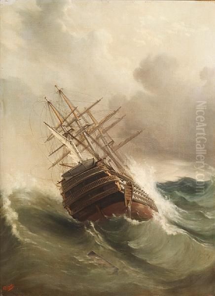 Sailing Vessel Foundering Off Leghorn Oil Painting by Luigi P. Renault