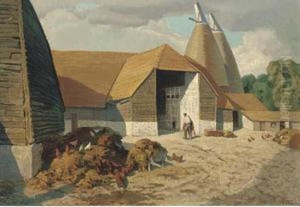 Chickens And A Farmer In A Yard Oil Painting by Morgan Rendle