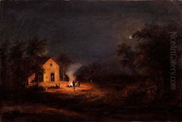 Paesaggio Notturno Con Un Gruppo Difigurine Attorno Ad Un Falo Oil Painting by Giovanni Renica