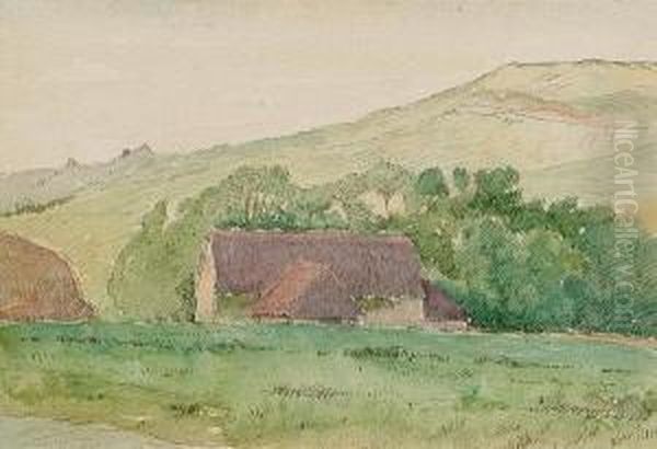 Landscape With Farm Buildings Oil Painting by Emile Jean Renie