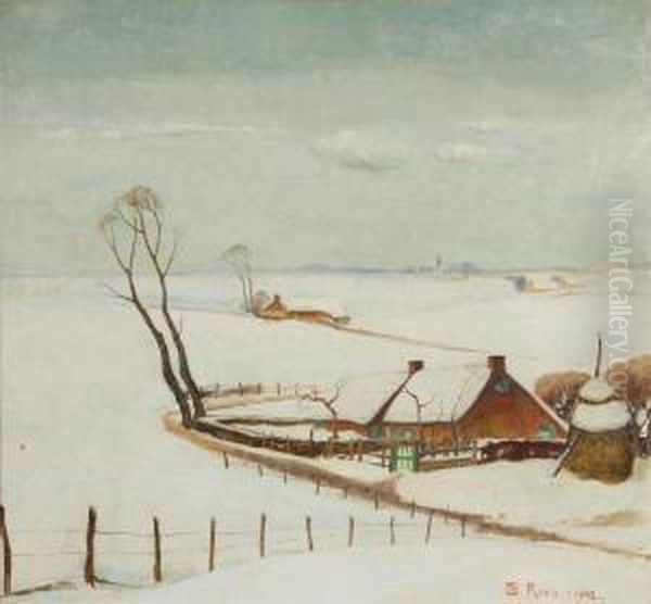 Winter Landscape With Farmhouses Oil Painting by Joseph Renis