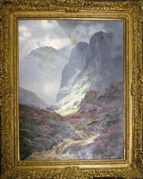 Deer In A Highland Landscape Oil Painting by George Melvin Rennie