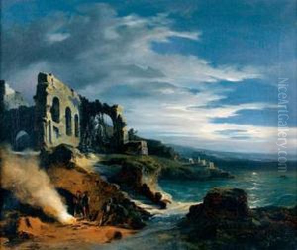 Contrebandiers Pres D'une Plage Surmontee D'une Ruine D'eglise Oil Painting by Charles Caius Renoux