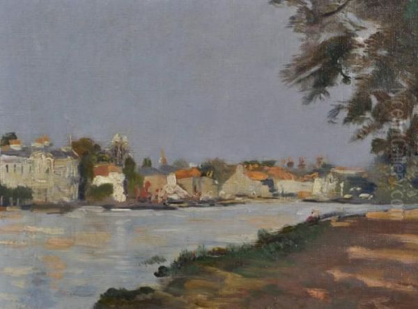 Impressionist River Scene Oil Painting by Jules Ernest Renoux