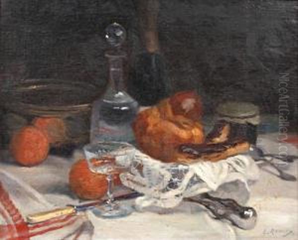 Still Life With Bread, Fruit, Pastries And A Decanter On A Table Oil Painting by Jules Ernest Renoux