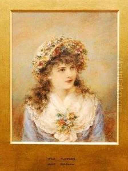 Portrait Of A Young Woman Wearing A Hat Decorated With A Garland Of Flowers Oil Painting by Alice Renshaw