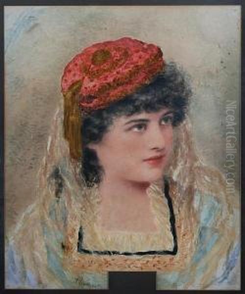 A Young Lady Wearing Red Bonnet And Lace Veil, Head And Shoulders Oil Painting by Alice Renshaw