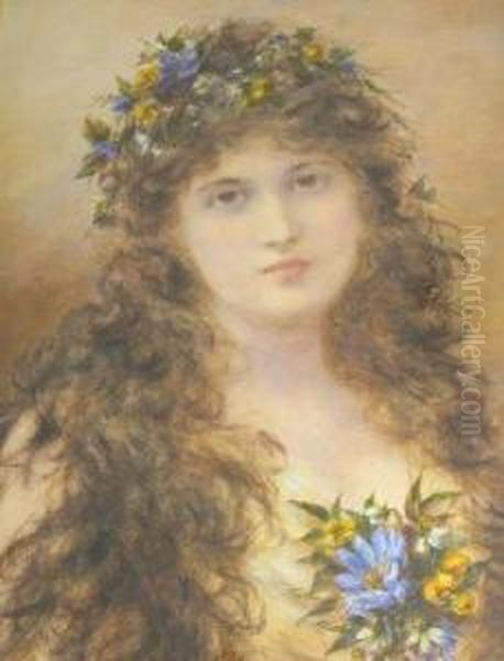 Portrait Of A Young Lady With Flower Garlands In Herhair Oil Painting by Alice Renshaw