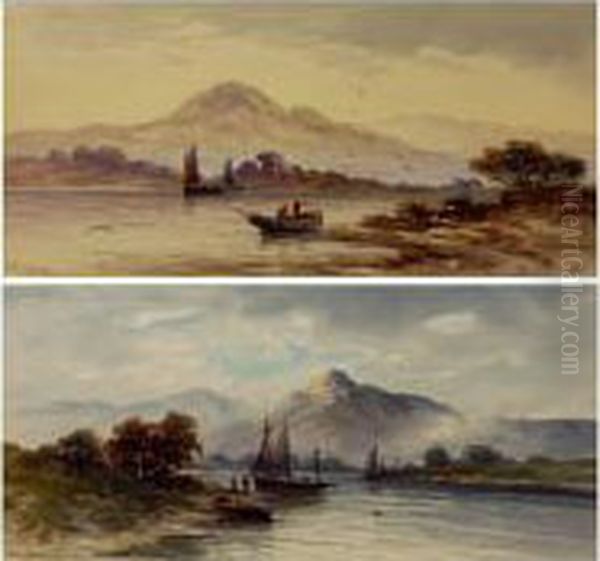 Fishing Boats On The River With A Mountain Backdrop. Oil Painting by Joshua Renshaw