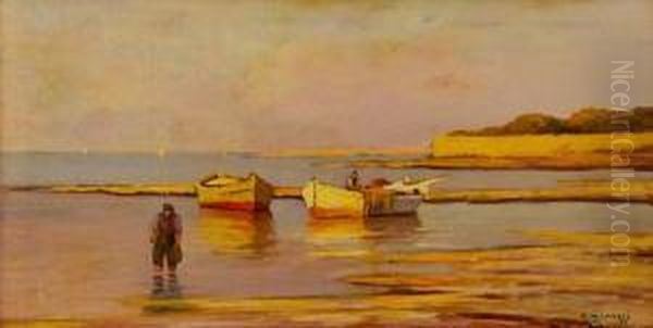 Barche E Pescatori Oil Painting by Renuccio Renucci