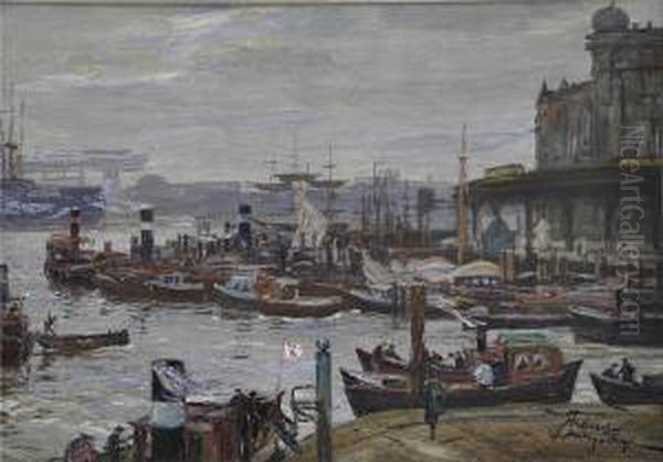 Blick In Denhamburger Hafen. Oil Painting by Alfred Renz