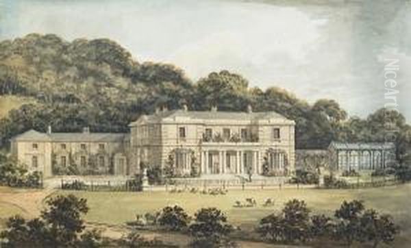 View Of A Georgian Country House With Figure Oil Painting by Humphrey Repton