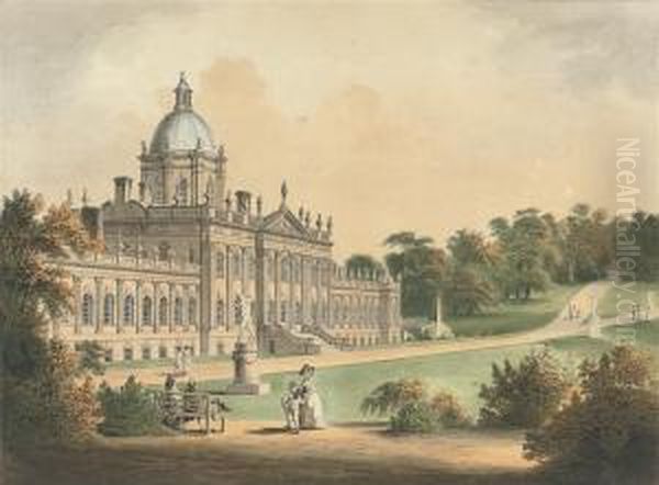 Figures Promenading Outside Castle Howard, Yorkshire Oil Painting by Humphrey Repton