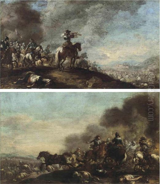 A Cavalry Troop On A Hilltop, A Fortified City Beyond; And Acavalry Skirmish Oil Painting by Pandolfo Reschi