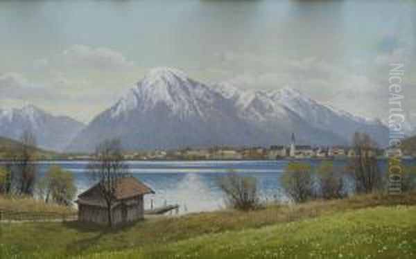 Blick Uber Den Tegernseeauf Rottach-egern. Oil Painting by Rudolf Reschreiter