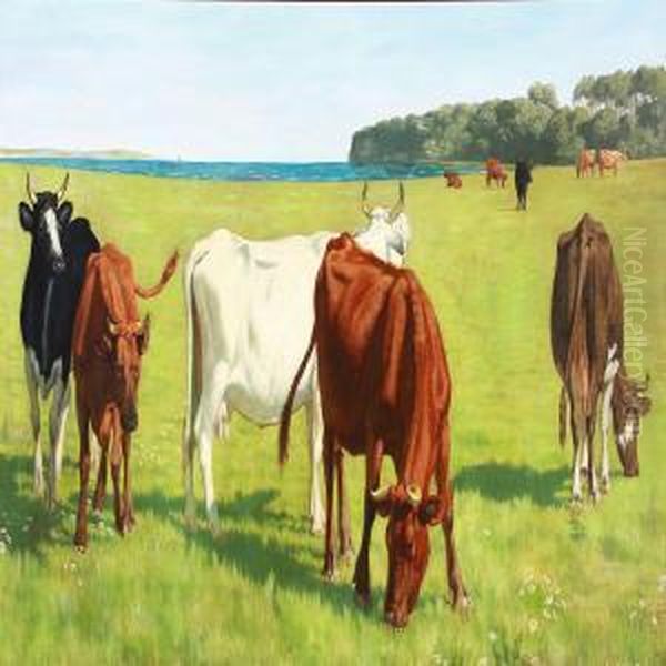 Grazing Cows Oil Painting by Johannes Resen-Steenstrup