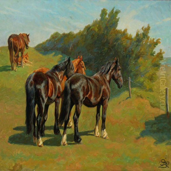 Horses In The Field Oil Painting by Johannes Resen-Steenstrup