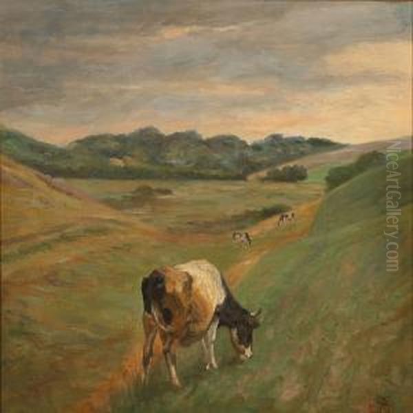 Landscape With Grazing Cows Oil Painting by Johannes Resen-Steenstrup