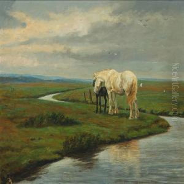 Landscape With Horses Oil Painting by Johannes Resen-Steenstrup