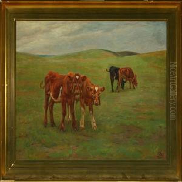 Calves In The Field Oil Painting by Johannes Resen-Steenstrup