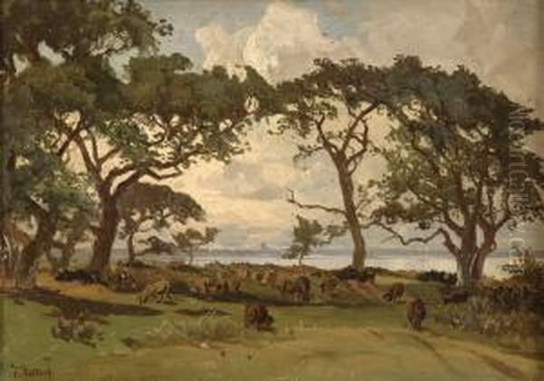 Kustenszene Mit Schafherde. Oil Painting by Karl Lorenz Rettich