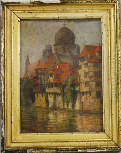 Houses On The 
Pegnitz River With A View Of Asynagogue Oil Painting by Wilhelm Reuter