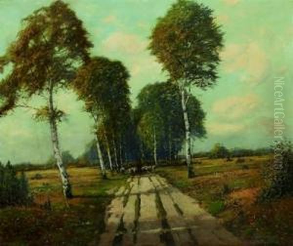 Schafer Mit Seiner Herde Auf Einer Allee Oil Painting by Wilhelm Reuter