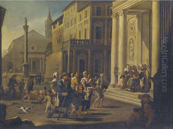 A Townscape With A Bishop Healing The Sick And Injured In Front Of A Church Oil Painting by Willem Reuter