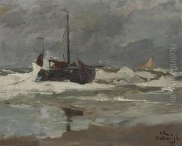 A Fishing Vessel In Choppy Waters, Katwijk Oil Painting by Henrik Reuterdahl