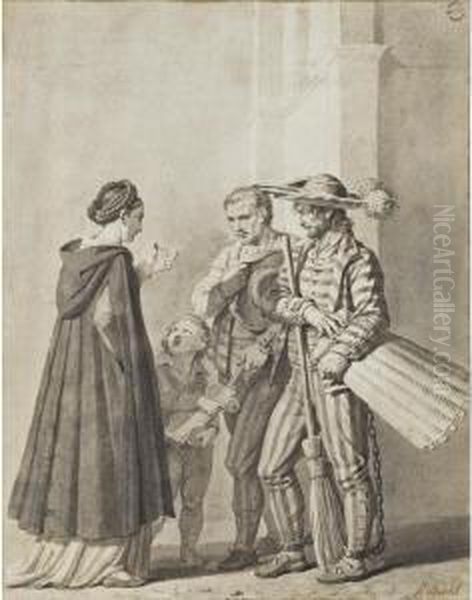 Les Femmes De Fribourg En Suisse [pierre Henri Revoil ; Women Of Fribourg In Switzerland ; Pen, Black Ink, Grey Wash] Oil Painting by Pierre Henri Revoil