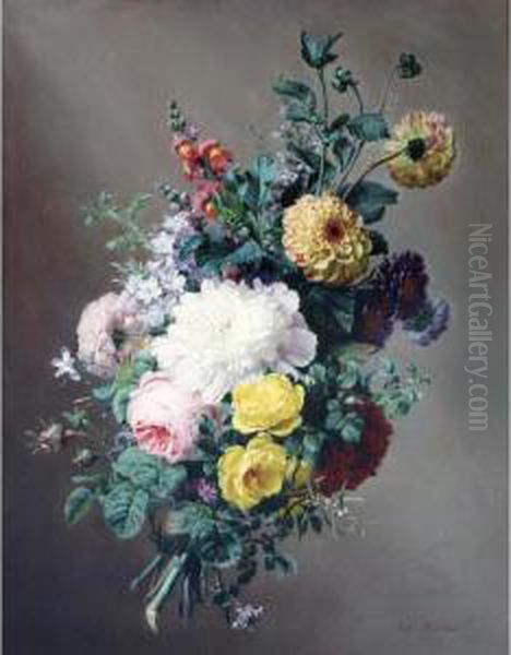 A Bouquet Of Dahlias, Larkspur And Roses Oil Painting by Claude Louis Marie Revol