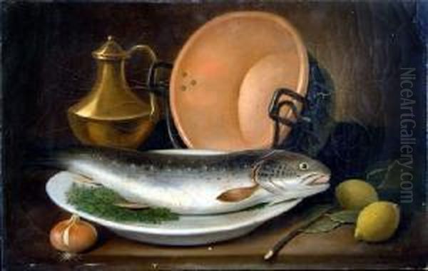 Still Life With Trout Oil Painting by Michel Revol