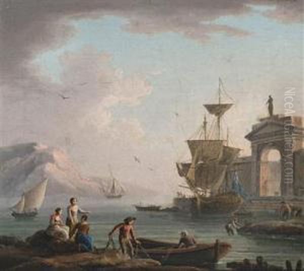 View Of A Seaport With Fishermen Oil Painting by Philippe Rey