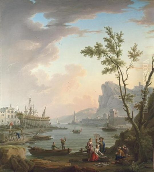 A Mountainous Coastal Landscape With Fishermen On A Bank, A Boat Being Built And A Town Beyond Oil Painting by Philippe Rey