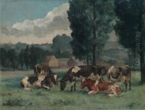 Weide Met Koeien En Hoeve Op De Achtergrond Oil Painting by Nestor Reymen