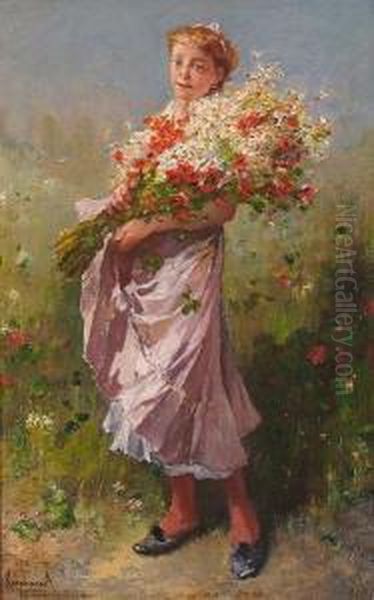 A Young Girl With An Armful Of Flowers. Oil Painting by Francois Reynaud