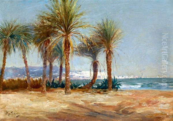 La Baie D'alger Vue Du Jardin D'essai (plage Des Sablettes) Oil Painting by Marius Reynaud